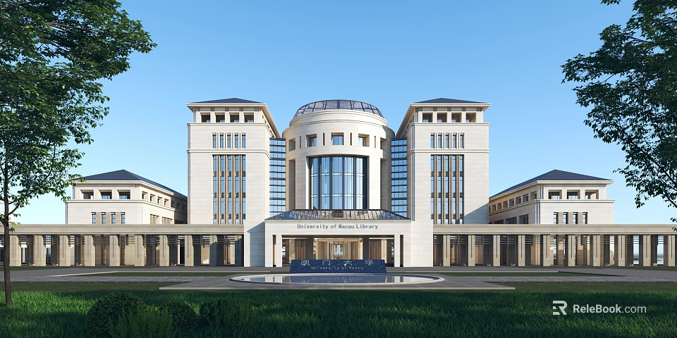 Modern School Building With Symmetrical Design Dome Large Windows And Front Lawn 3d model 