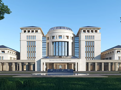 Modern School Building With Symmetrical Design Dome Large Windows And Front Lawn 3d model