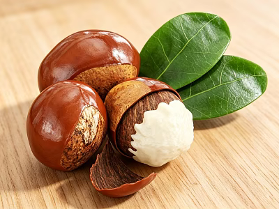 Fresh Chestnuts with Peeled One Showing White Flesh and Green Leaves on Wooden Table 3d model