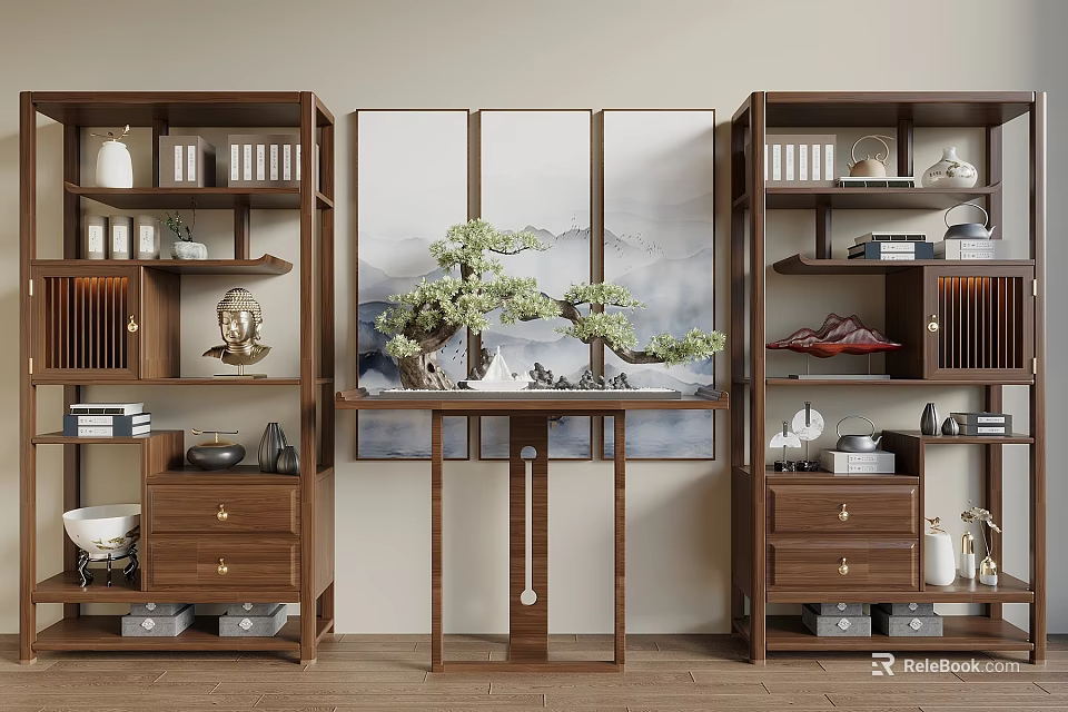 Traditional Wooden Chinese Display Cabinet with Decorative Ornaments Books Bonsai and Landscape Painting 3d model 