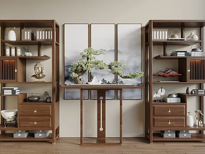 Traditional Wooden Chinese Display Cabinet with Decorative Ornaments Books Bonsai and Landscape Painting 3d model