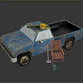 Blue Rusty Truck With Chainsaw In Bed Wooden Chair Shovel And Traffic Cone