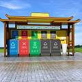 Public Garbage Classification Recycling Station With Pavilion Structure Color Coded Bins And Waste Sorting Signage 3d model