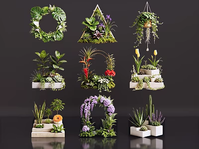 Diverse Indoor Flower Displays with Hanging Planters Shelves and Vases Including Greenery and Blooms 3d model