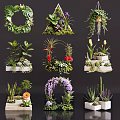 Diverse Indoor Flower Displays with Hanging Planters Shelves and Vases Including Greenery and Blooms