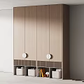 Modern Light Wood Wardrobe With Circular Knobs And Striped Base Storage Compartments 3d model
