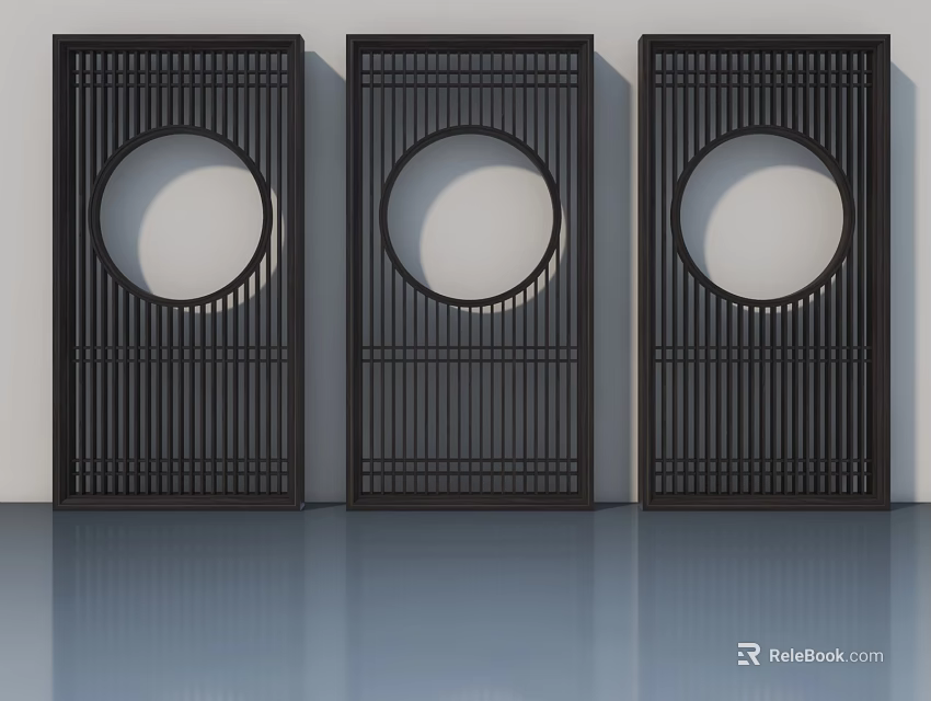 Three Black Hinged Doors with Circular Design and Vertical Slats for Modern Interior 3d model