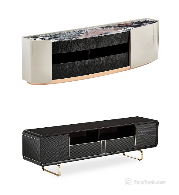 Elegant Modern TV Stands With Marble Top Black Beige Finish And Golden Legs 3d model 