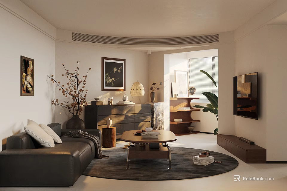 Modern Living Room Interior With Black Leather Sofa White Pillows And Wooden Coffee Table 3d model 