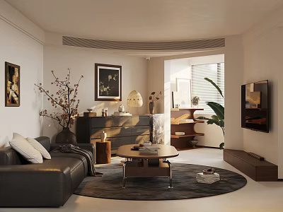 Modern Living Room Interior With Black Leather Sofa White Pillows And Wooden Coffee Table 3d model