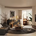 Modern Living Room Interior With Black Leather Sofa White Pillows And Wooden Coffee Table