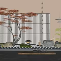 Serene Indoor Landscape With Red Maple Tree Wooden Lattice Backdrop Small Pavilion Stones And Moss