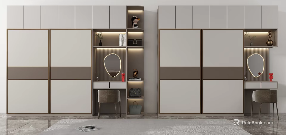 Modern Wardrobe Combination Design With Mirror Dresser Shelves And Storage Drawers 3d model 