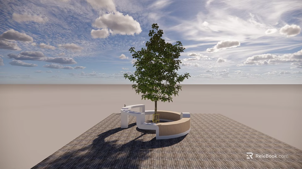 Circular Tree Planter With Leafy Green Tree And Seating On Brick Paved Ground 3d model 