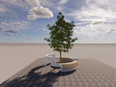 Circular Tree Planter With Leafy Green Tree And Seating On Brick Paved Ground 3d model