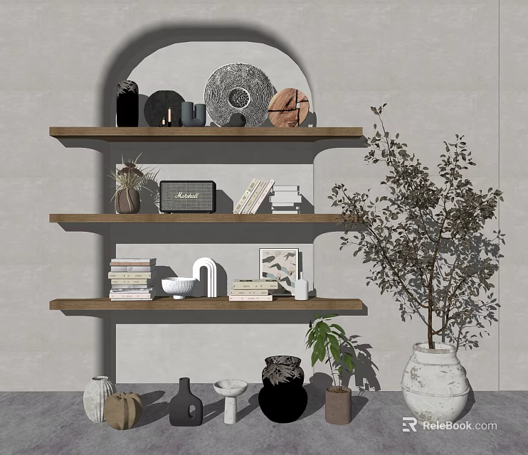 Decorative Ornaments Set on Wooden Shelves with Round Plate Vases Frames Books and Green Plant 3d model 
