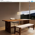 Wooden Dining Table Set with Chair and White Cushioned Bench by Window with Blinds