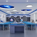 School Modern Science Laboratory With Blue Tables Blackboard And Educational Displays