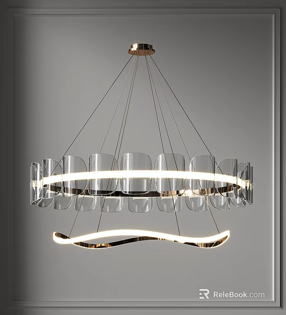 Modern Chandelier With Transparent Glass Pieces Circular Light Strips And Metallic Frame 3d model 