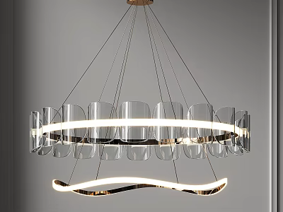 Modern Chandelier With Transparent Glass Pieces Circular Light Strips And Metallic Frame 3d model
