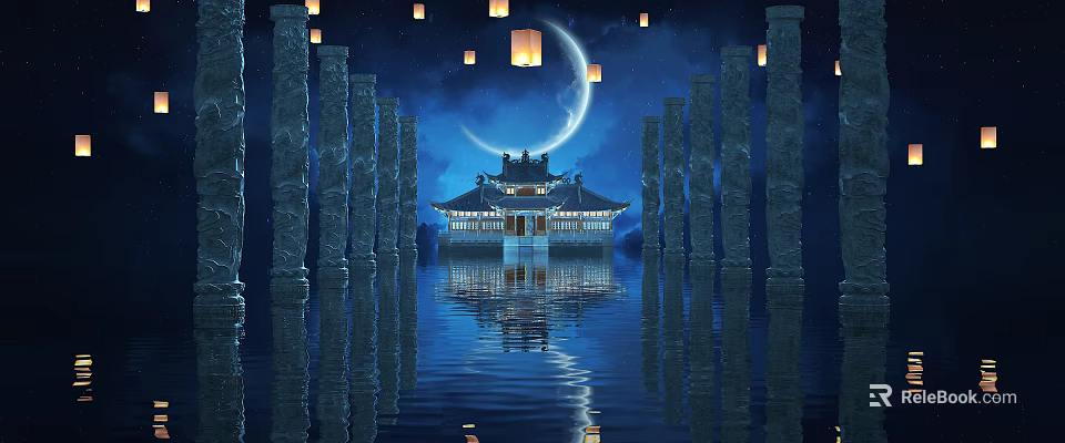 Ancient Building Scenery At Night With Crescent Moon Floating Lanterns Stone Pillars And Water Reflection 3d model 