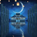 Ancient Building Scenery At Night With Crescent Moon Floating Lanterns Stone Pillars And Water Reflection