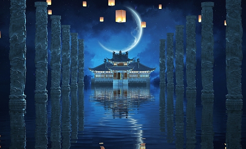 New Chinese Night Scene Zen Night Scene 3d model