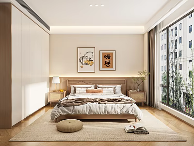 Modern Minimalist Bedroom Interior With Platform Bed Nightstands Wardrobe And Decorative Paintings 3d model