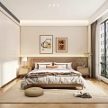 Modern Minimalist Bedroom Interior With Platform Bed Nightstands Wardrobe And Decorative Paintings