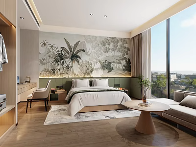 Modern Hotel Room Interior With King Bed Decorative Wall Large Window And Sofa Area 3d model