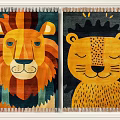 Square Rug With Lion And Tiger Cub Patterns Vibrant Colors And Fringe Edges