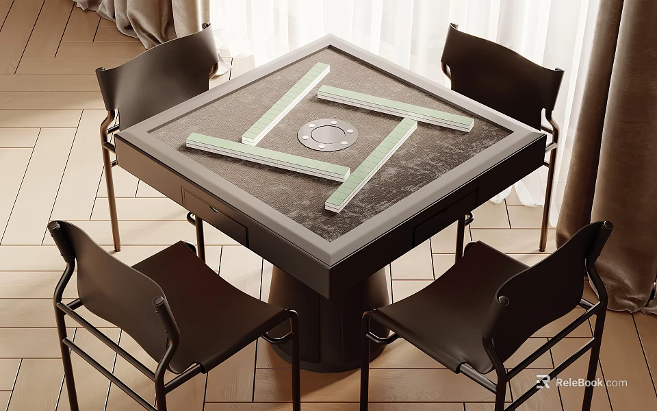 Square Glass Top Entertainment Table With Green Strips And Four Black Chairs 3d model 