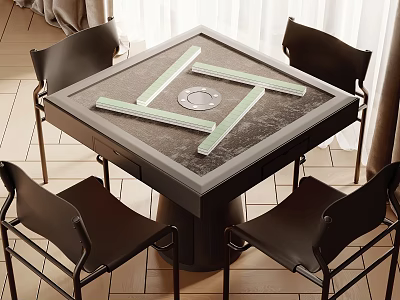 Square Glass Top Entertainment Table With Green Strips And Four Black Chairs 3d model