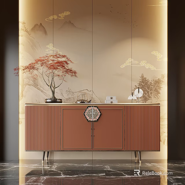 Elegant Modern Entryway Console Side Cabinet With Wooden Design Metal Legs And Decorative Ornaments 3d model 