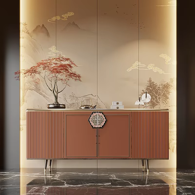 Elegant Modern Entryway Console Side Cabinet With Wooden Design Metal Legs And Decorative Ornaments 3d model
