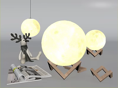 Multiple Moon Shaped Lighting Set With Deer Ornament And Wooden Stands For Home Decor 3d model