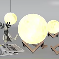Multiple Moon Shaped Lighting Set With Deer Ornament And Wooden Stands For Home Decor