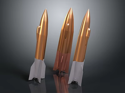 Three Shiny Golden Rocket Models With White Bases On Dark Background 3d model