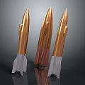 Three Shiny Golden Rocket Models With White Bases On Dark Background
