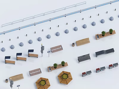 Urban Road Facilities With Wooden Benches Traffic Barriers Metal Street Lamps And Circular Planters 3d model
