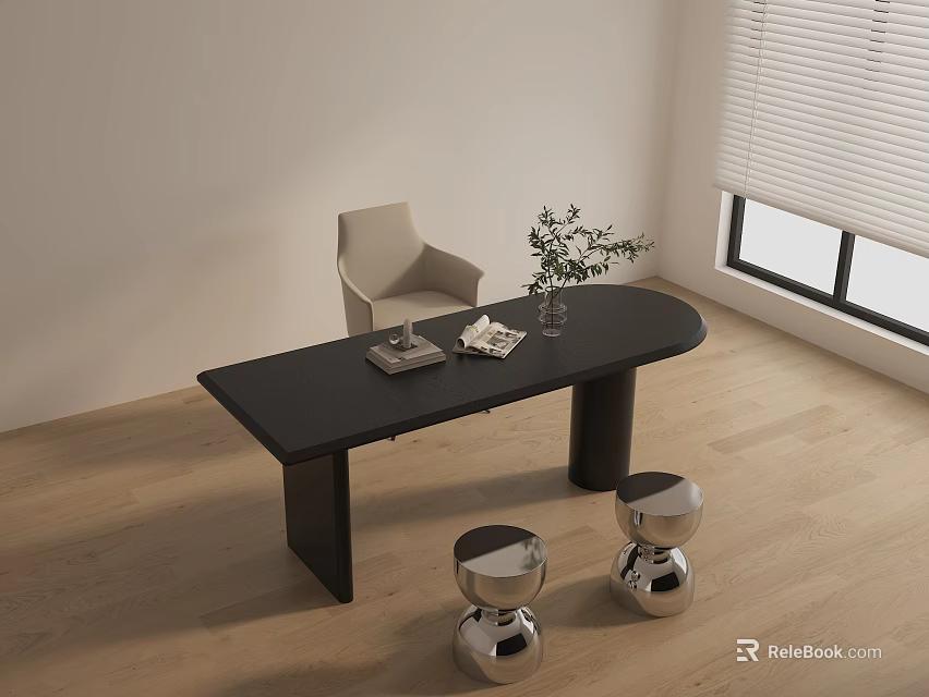 Modern Black Rectangular Table With Beige Chair Silver Stools Plant And Wooden Floor Near Window 3d model 