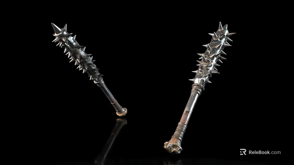Spiked Metal Mace Weapons Displayed on Black Background with Reflection 3d model 