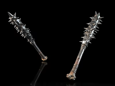 Spiked Metal Mace Weapons Displayed on Black Background with Reflection 3d model