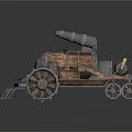 Steampunk Vehicle With Metal And Wooden Structure Front Spikes Multiple Cannons On Top Metallic Wheels