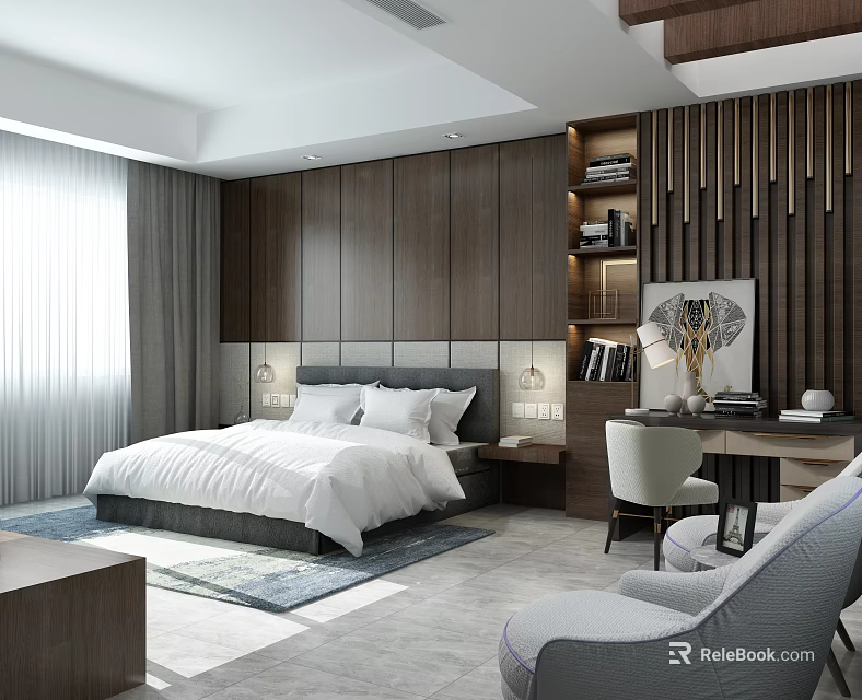 Modern Hotel Guest Room With King Bed White Bedding Dark Wooden Walls And Gray Curtains 3d model 