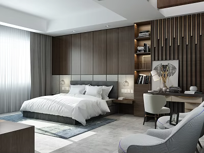 Modern Hotel Guest Room With King Bed White Bedding Dark Wooden Walls And Gray Curtains 3d model