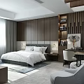Modern Hotel Guest Room With King Bed White Bedding Dark Wooden Walls And Gray Curtains