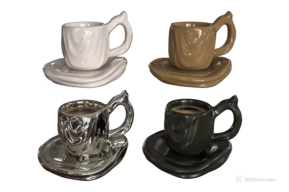 Ceramic Cups in White Brown Silver Black with Matching Saucers and Unique Handle Design 3d model 