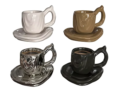 Ceramic Cups in White Brown Silver Black with Matching Saucers and Unique Handle Design 3d model
