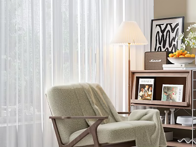 Comfortable Light Gray Lounge Chair With Wooden Frame And Blanket In Cozy Living Space 3d model